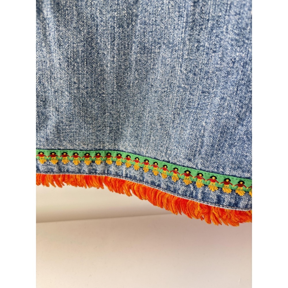 Falls Creek Shortalls Womens Large Blue Denim Overall Shorts Hula Fringe Trim - Picture 2 of 5